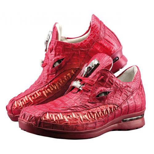 Fennix "3449" Flame Red All Over Genuine Hornback Crocodile Sneakers With Eyes And Teeth